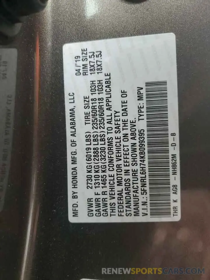 14 Photograph of a damaged car 5FNRL6H74KB099395 HONDA All Models 2019