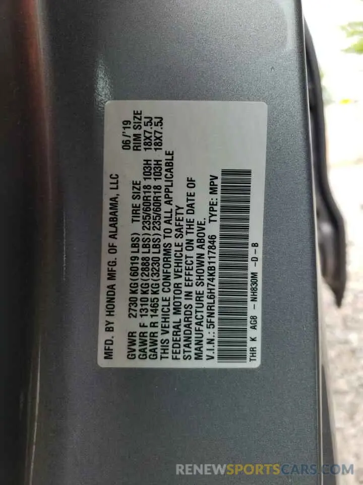 14 Photograph of a damaged car 5FNRL6H74KB117846 HONDA All Models 2019