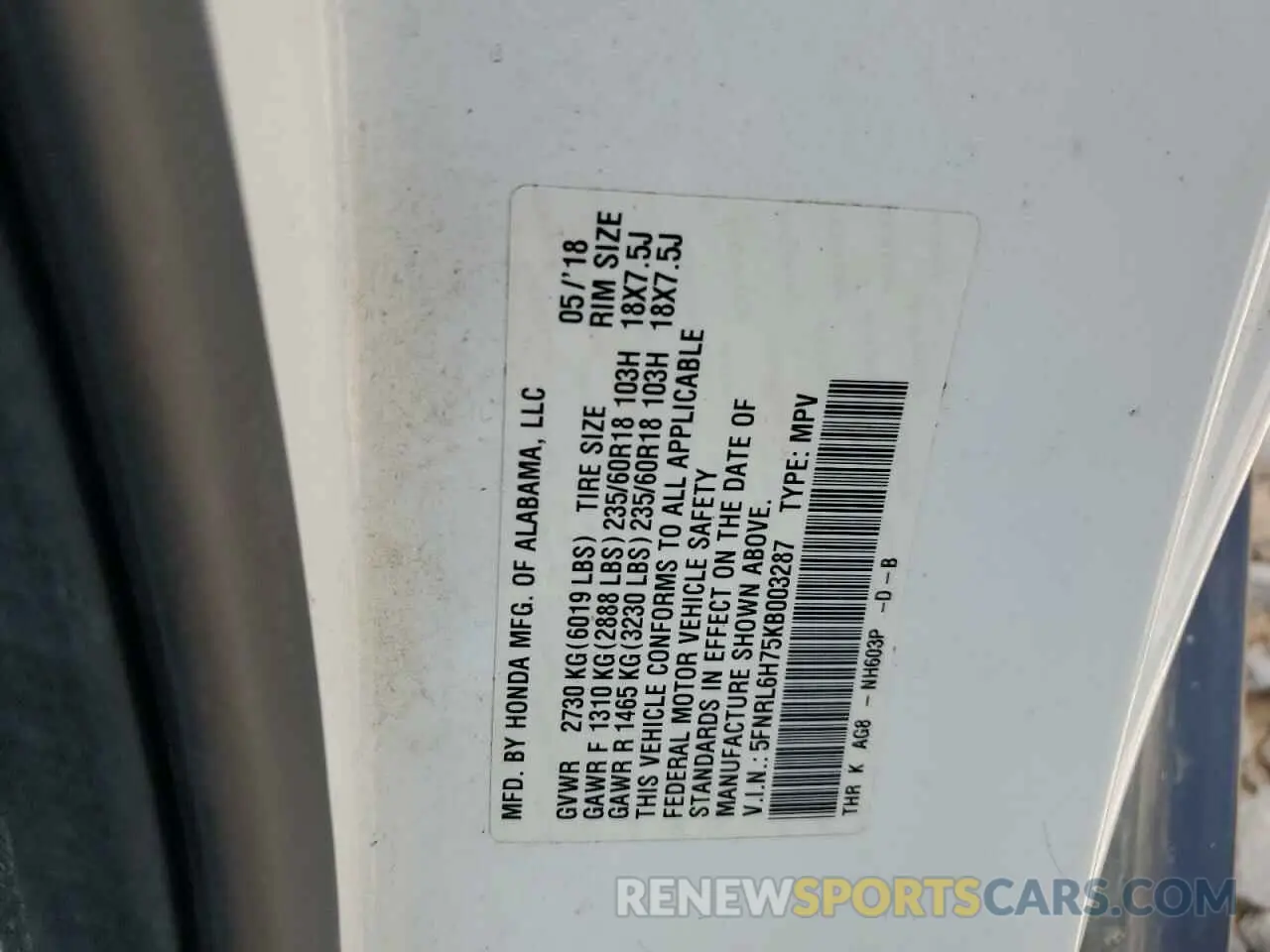 13 Photograph of a damaged car 5FNRL6H75KB003287 HONDA All Models 2019
