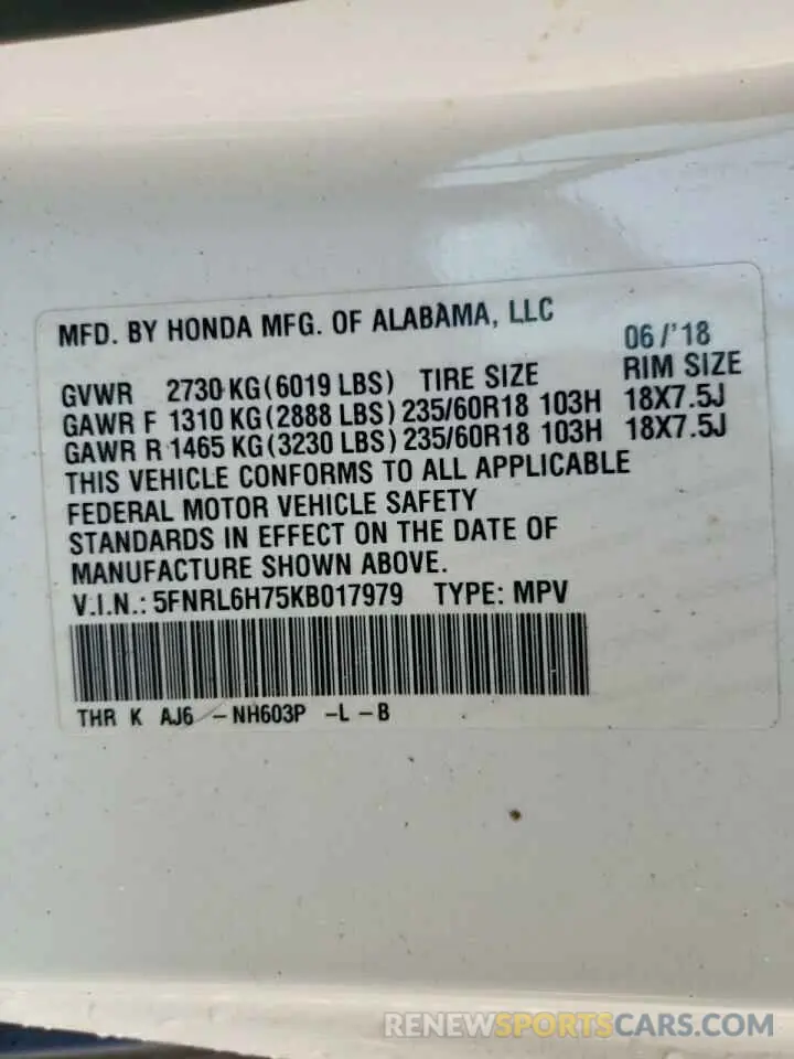 14 Photograph of a damaged car 5FNRL6H75KB017979 HONDA All Models 2019