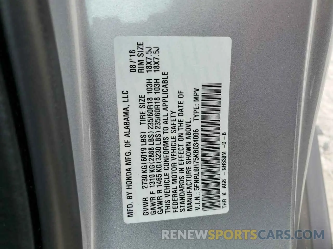 15 Photograph of a damaged car 5FNRL6H75KB034006 HONDA All Models 2019