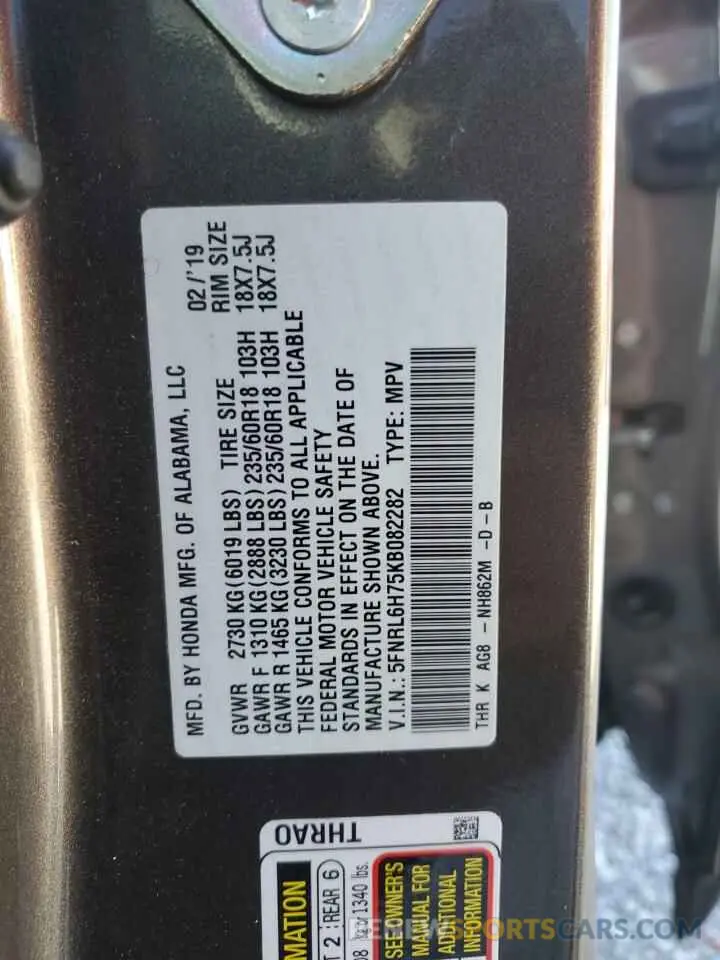 15 Photograph of a damaged car 5FNRL6H75KB082282 HONDA All Models 2019