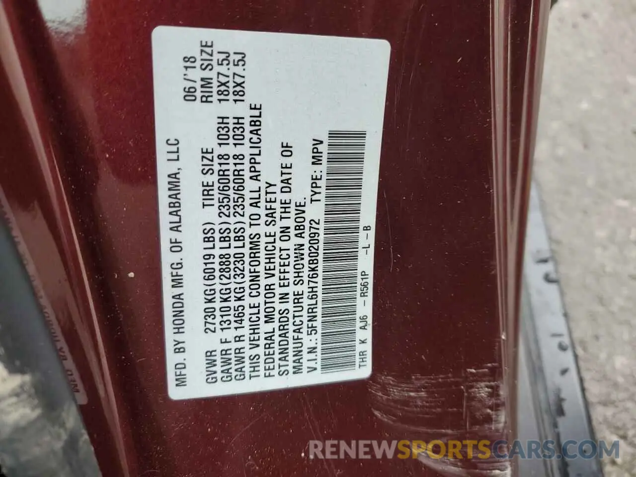 13 Photograph of a damaged car 5FNRL6H76KB020972 HONDA All Models 2019