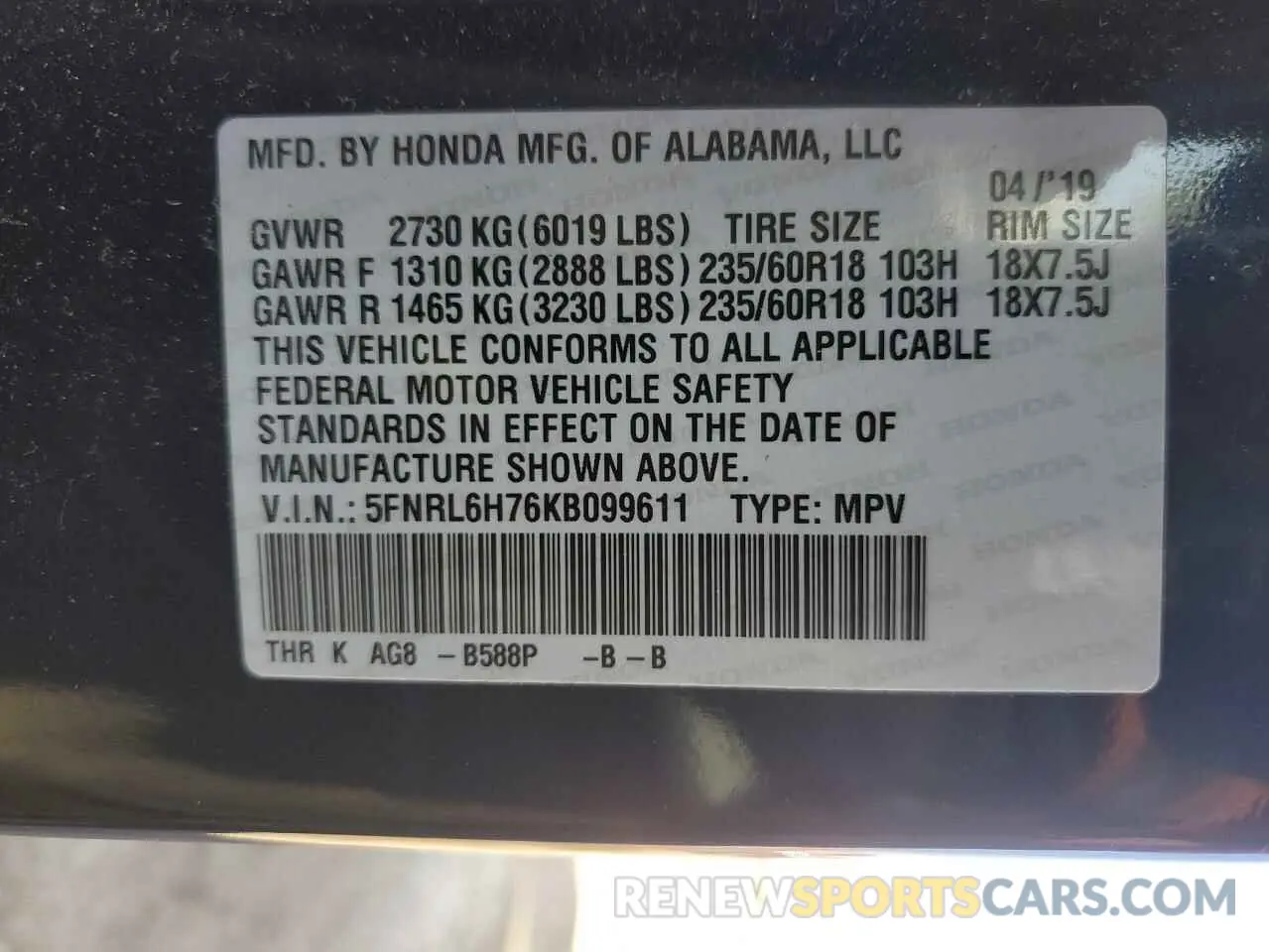 15 Photograph of a damaged car 5FNRL6H76KB099611 HONDA All Models 2019