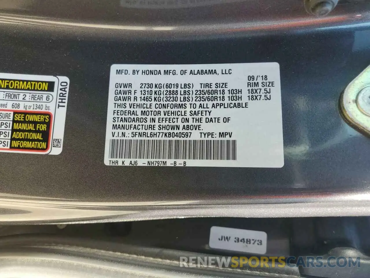 14 Photograph of a damaged car 5FNRL6H77KB040597 HONDA All Models 2019