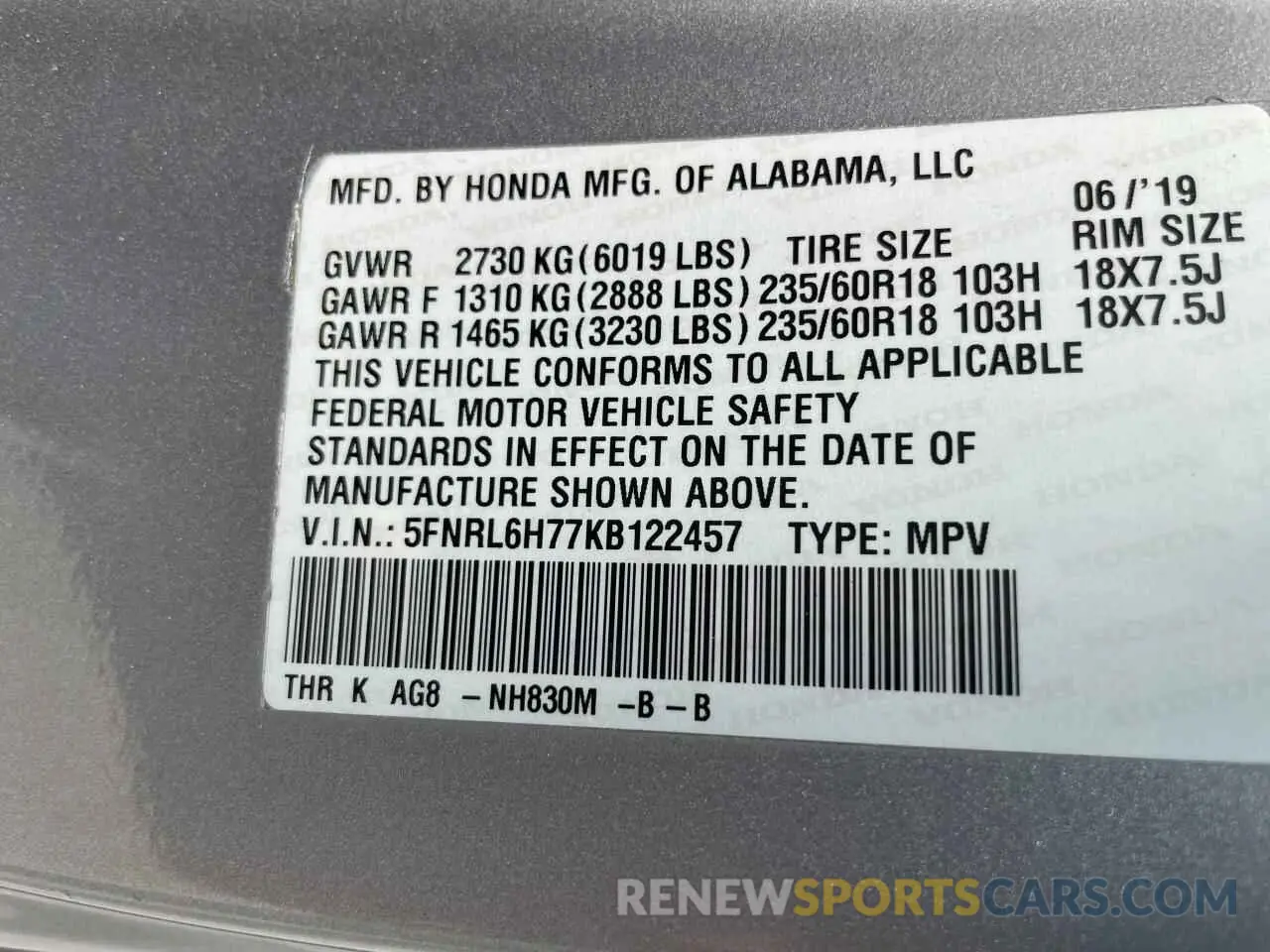 10 Photograph of a damaged car 5FNRL6H77KB122457 HONDA All Models 2019