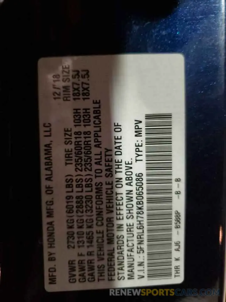 13 Photograph of a damaged car 5FNRL6H78KB065086 HONDA All Models 2019