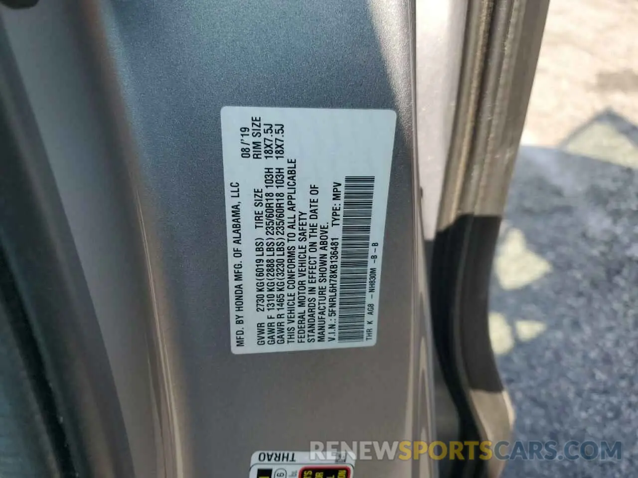 13 Photograph of a damaged car 5FNRL6H78KB136481 HONDA All Models 2019