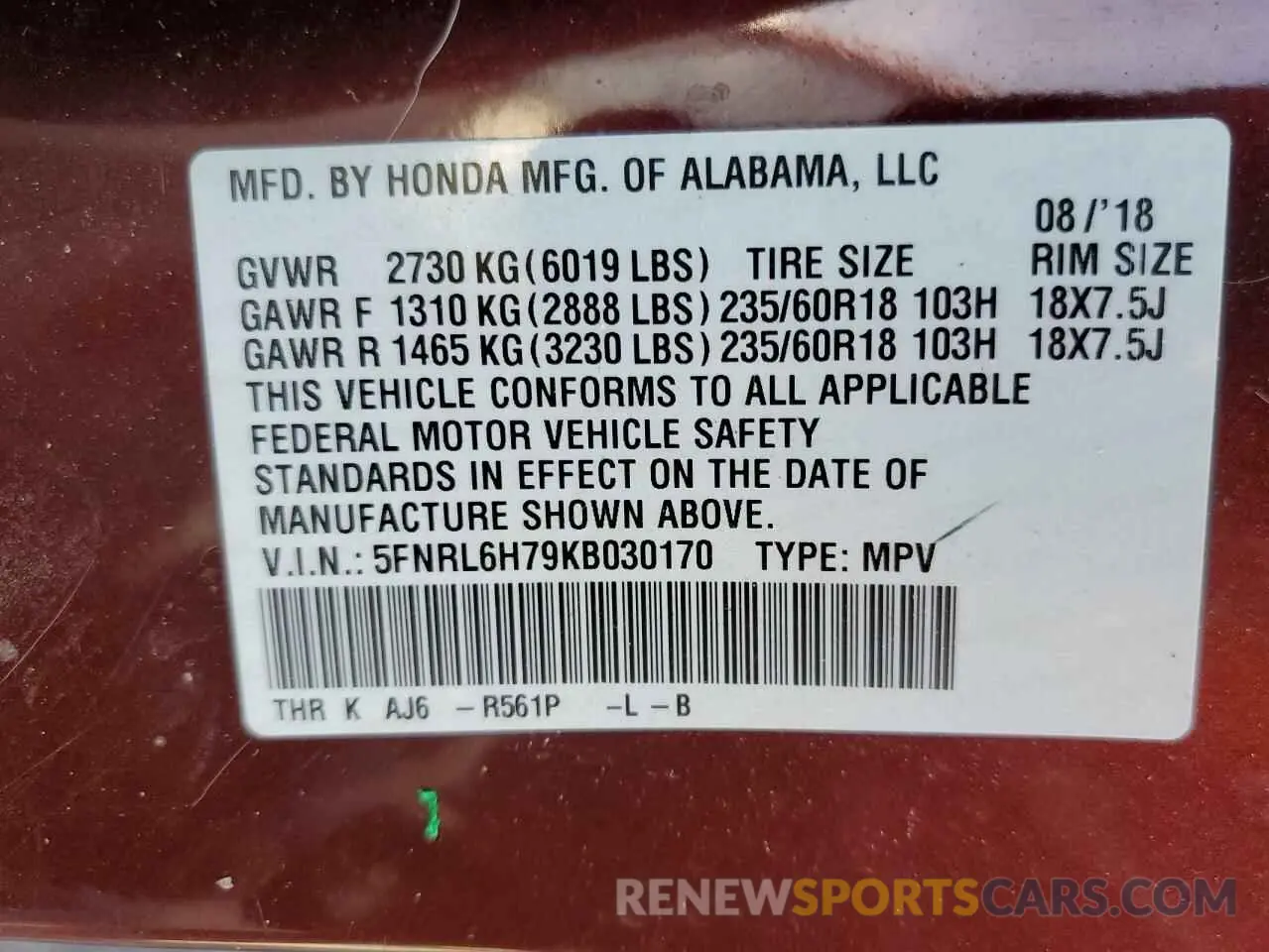 13 Photograph of a damaged car 5FNRL6H79KB030170 HONDA All Models 2019