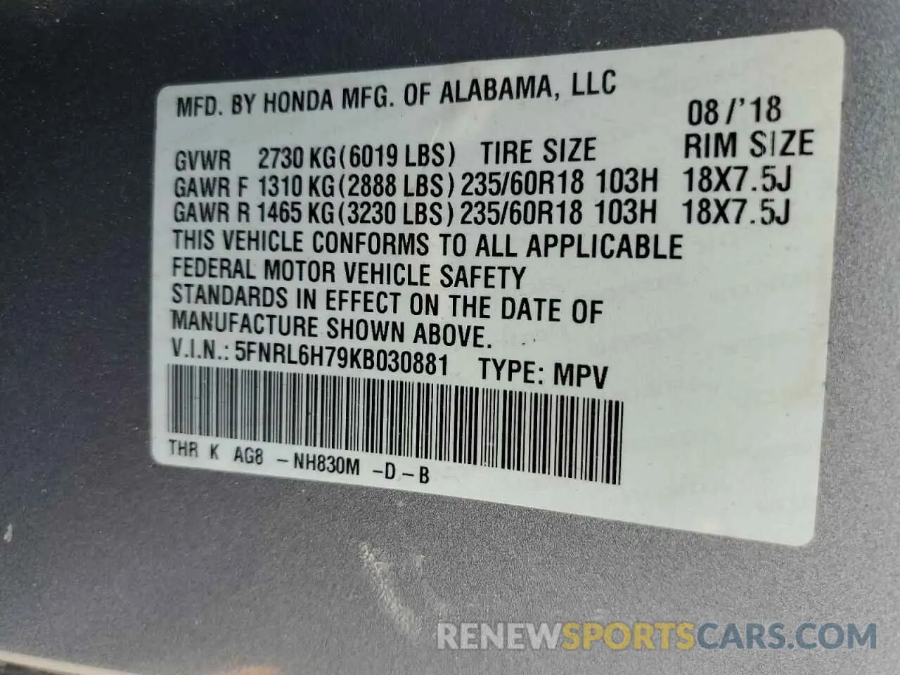 16 Photograph of a damaged car 5FNRL6H79KB030881 HONDA All Models 2019