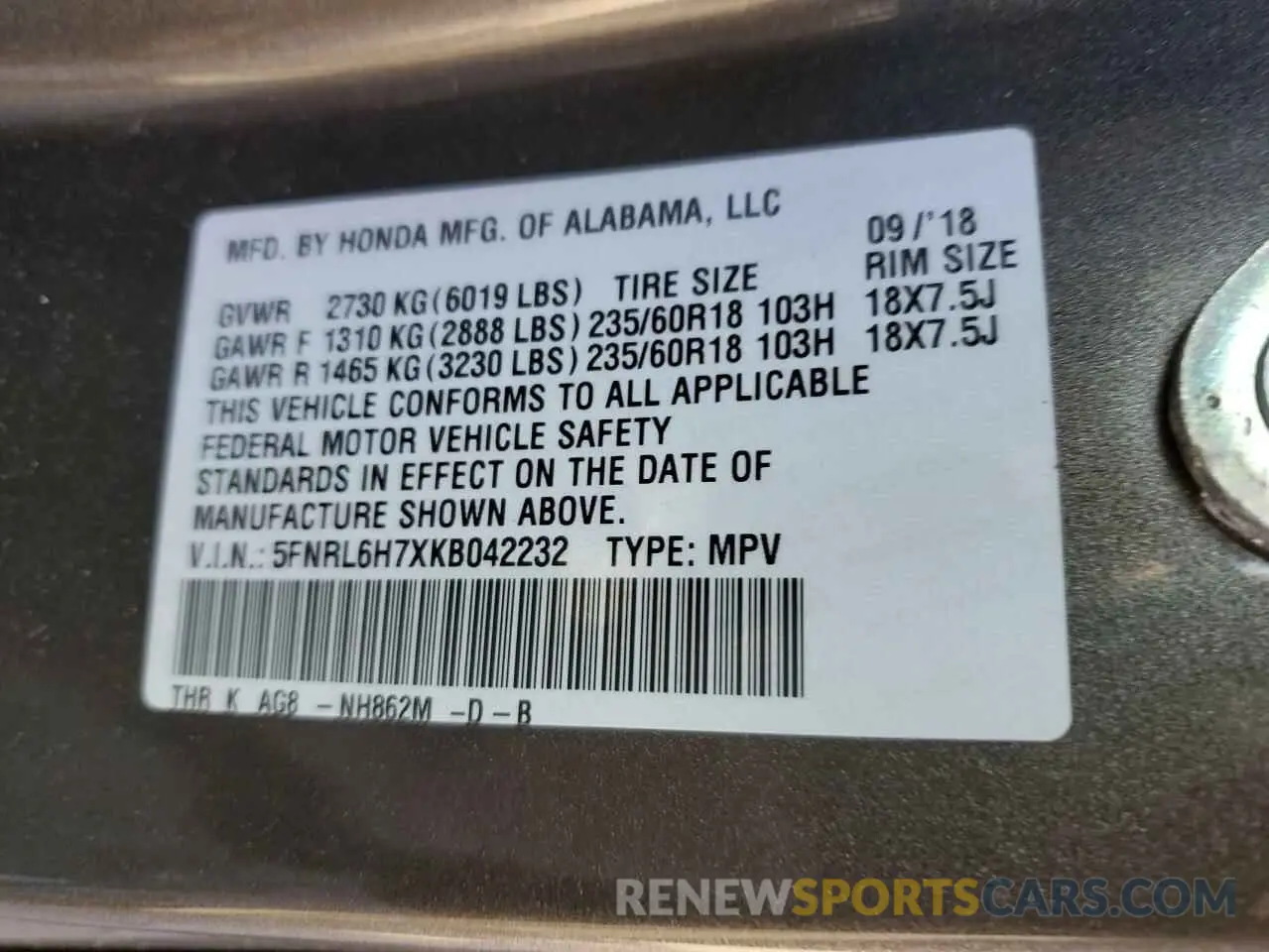 13 Photograph of a damaged car 5FNRL6H7XKB042232 HONDA All Models 2019