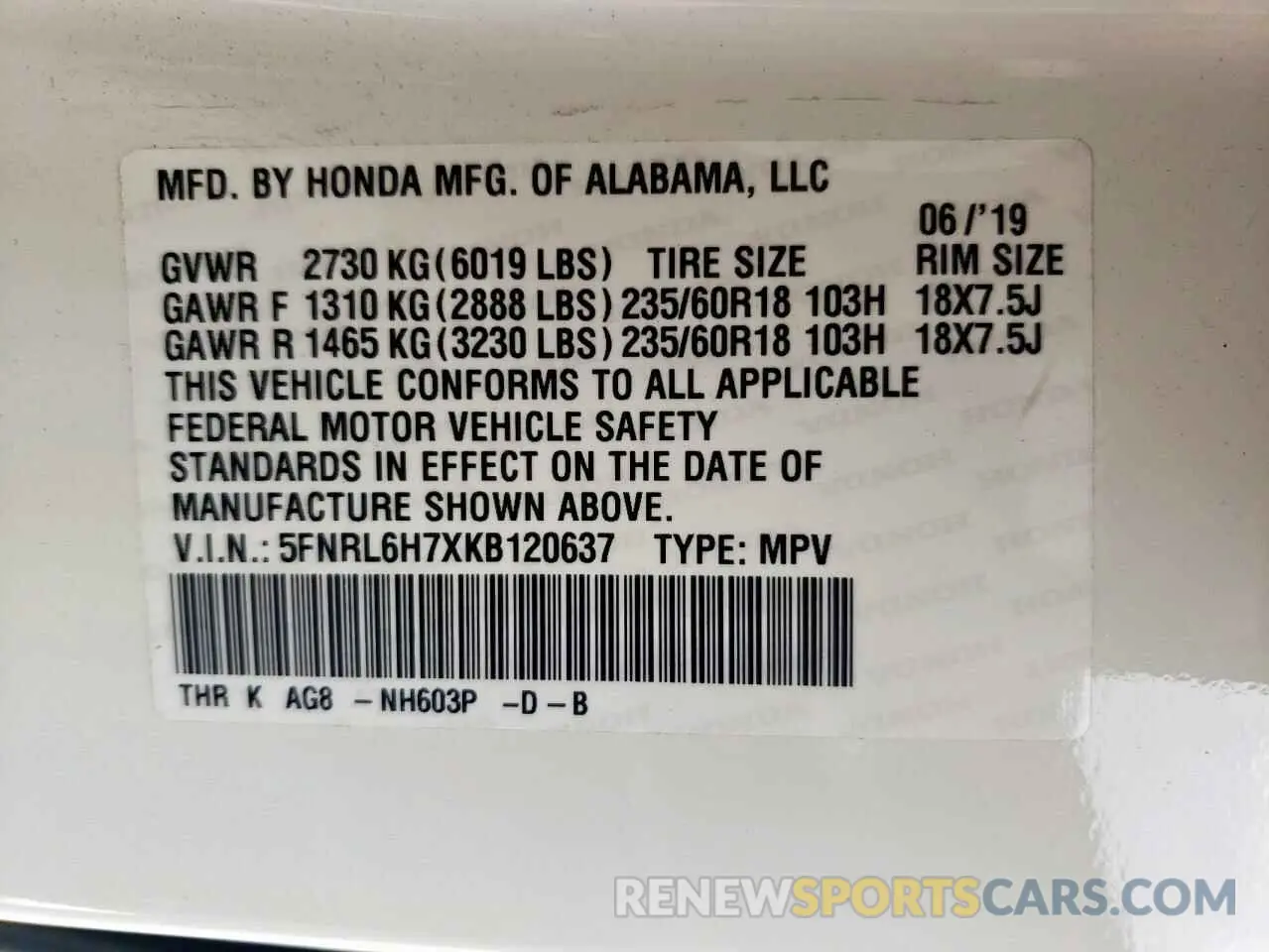 14 Photograph of a damaged car 5FNRL6H7XKB120637 HONDA All Models 2019