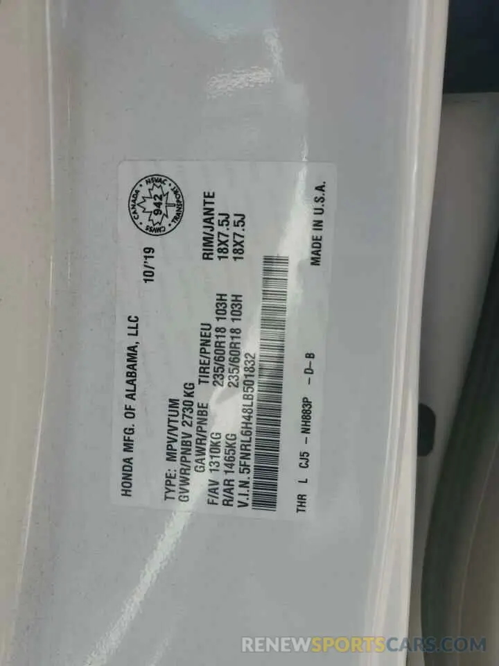 13 Photograph of a damaged car 5FNRL6H48LB501832 HONDA All Models 2020