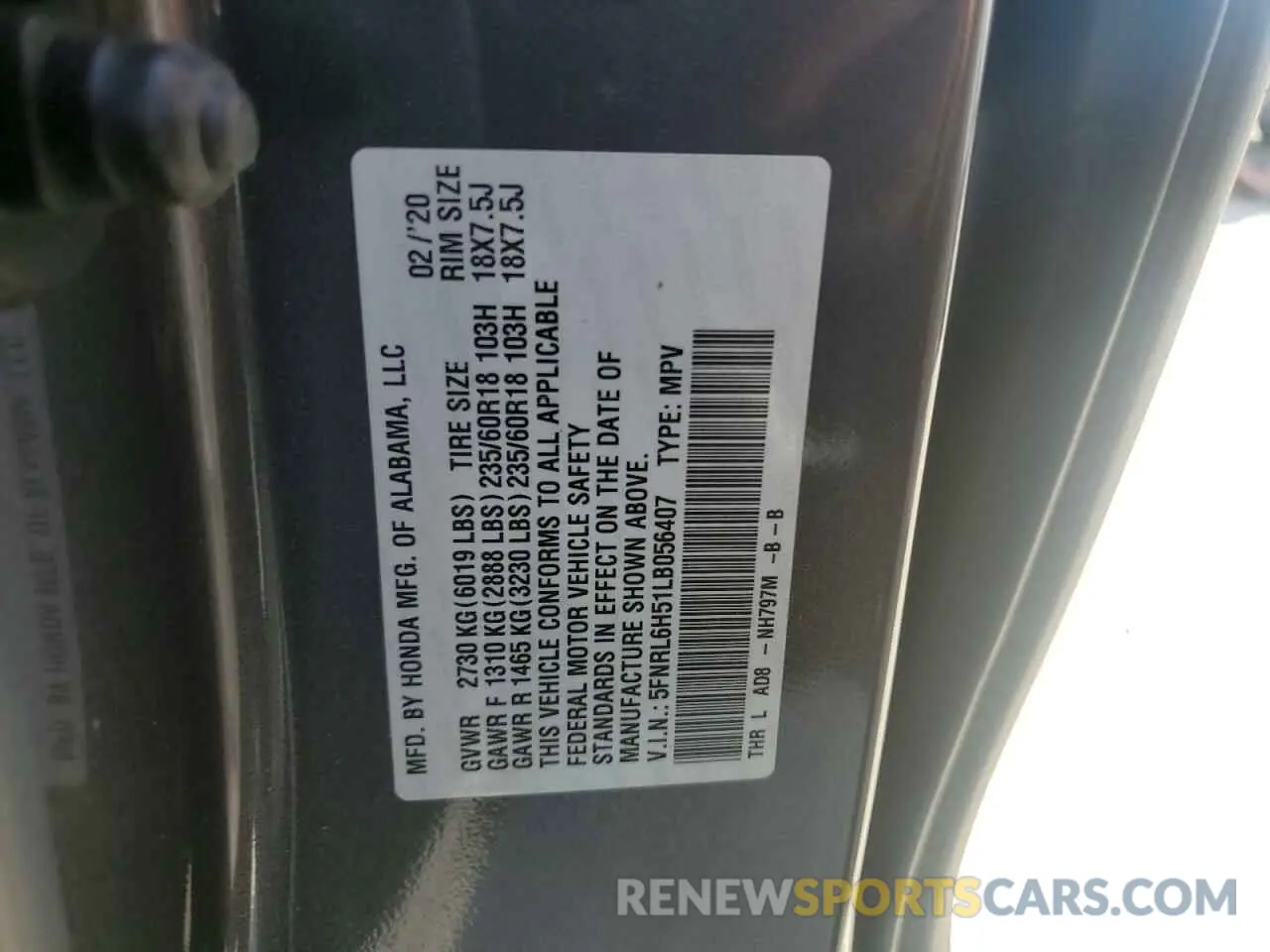 15 Photograph of a damaged car 5FNRL6H51LB056407 HONDA All Models 2020