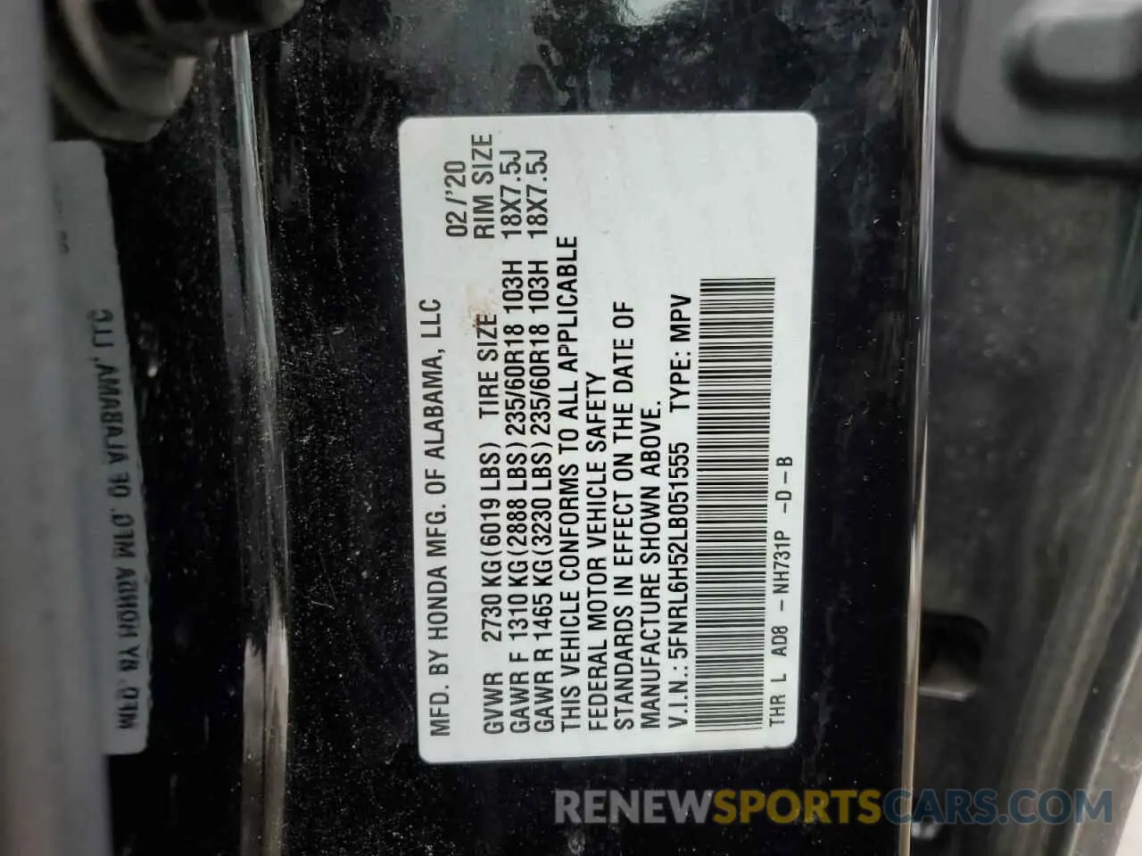 13 Photograph of a damaged car 5FNRL6H52LB051555 HONDA All Models 2020