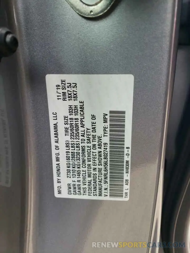 13 Photograph of a damaged car 5FNRL6H56LB027419 HONDA All Models 2020