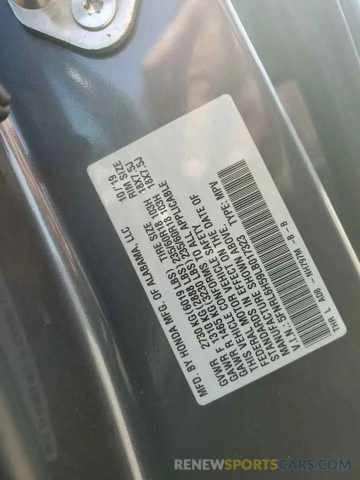 13 Photograph of a damaged car 5FNRL6H59LB017323 HONDA All Models 2020