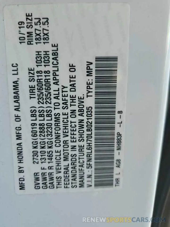 13 Photograph of a damaged car 5FNRL6H70LB021035 HONDA All Models 2020