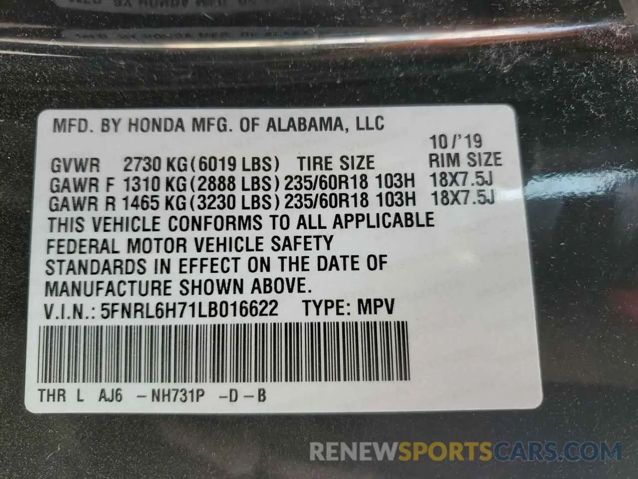 13 Photograph of a damaged car 5FNRL6H71LB016622 HONDA All Models 2020