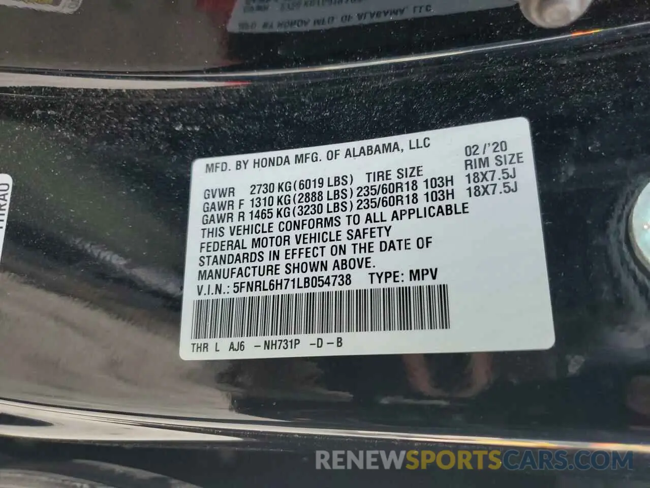 13 Photograph of a damaged car 5FNRL6H71LB054738 HONDA All Models 2020
