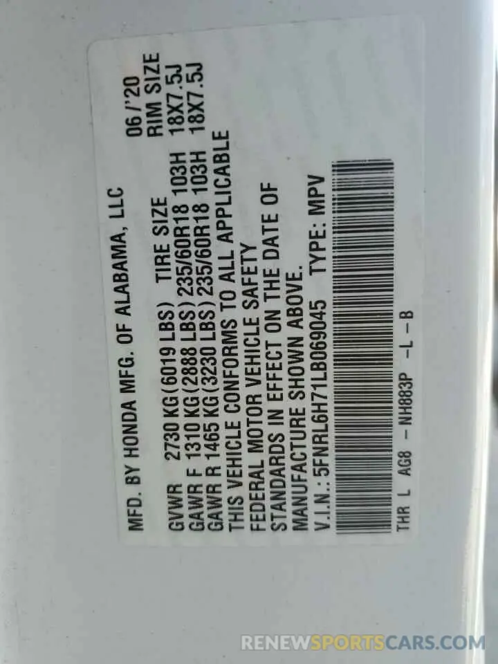 14 Photograph of a damaged car 5FNRL6H71LB069045 HONDA All Models 2020