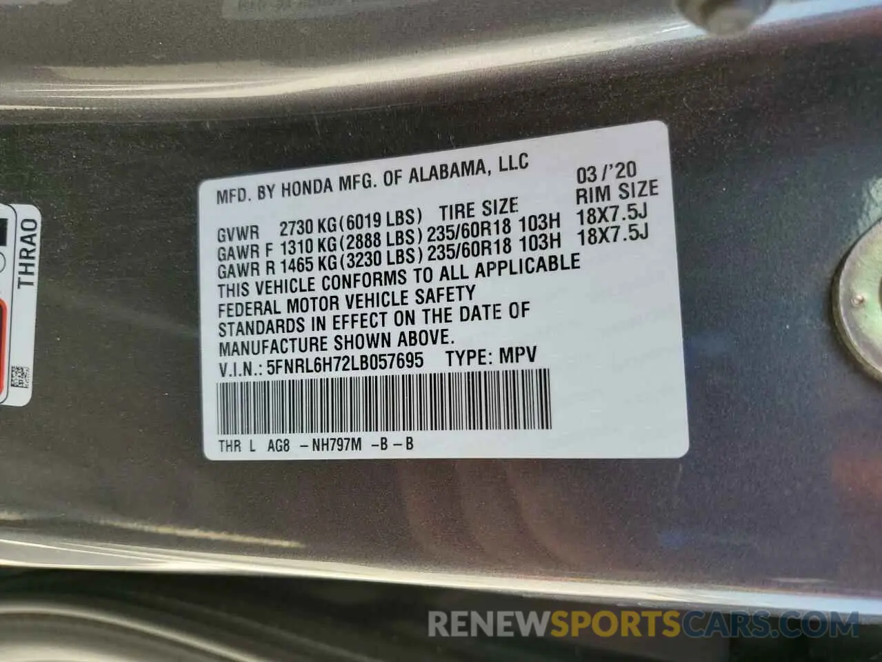 13 Photograph of a damaged car 5FNRL6H72LB057695 HONDA All Models 2020
