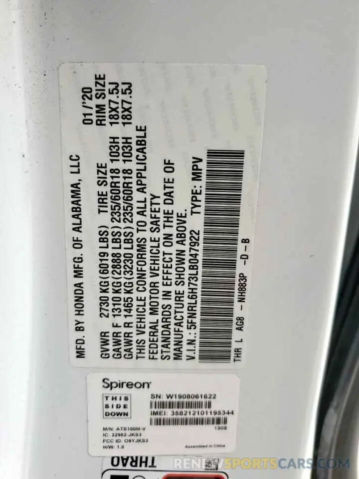13 Photograph of a damaged car 5FNRL6H73LB047922 HONDA All Models 2020