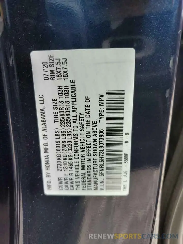 13 Photograph of a damaged car 5FNRL6H73LB073906 HONDA All Models 2020