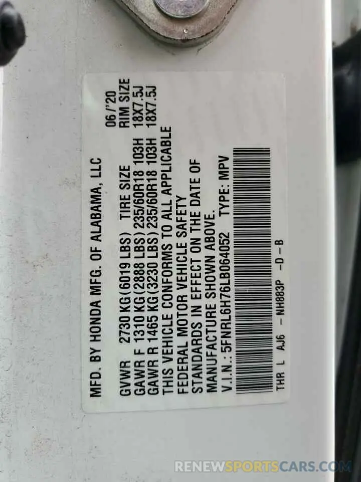 14 Photograph of a damaged car 5FNRL6H76LB064052 HONDA All Models 2020