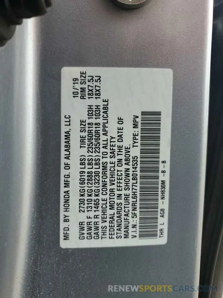 13 Photograph of a damaged car 5FNRL6H77LB014535 HONDA All Models 2020