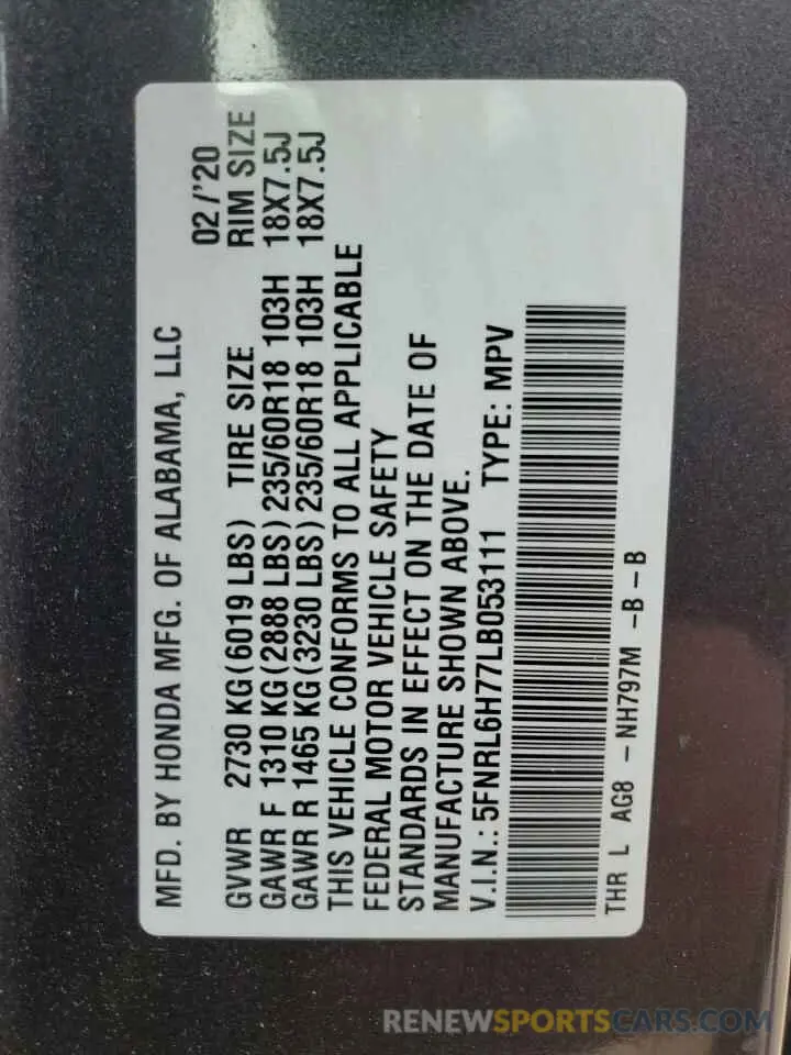 15 Photograph of a damaged car 5FNRL6H77LB053111 HONDA All Models 2020