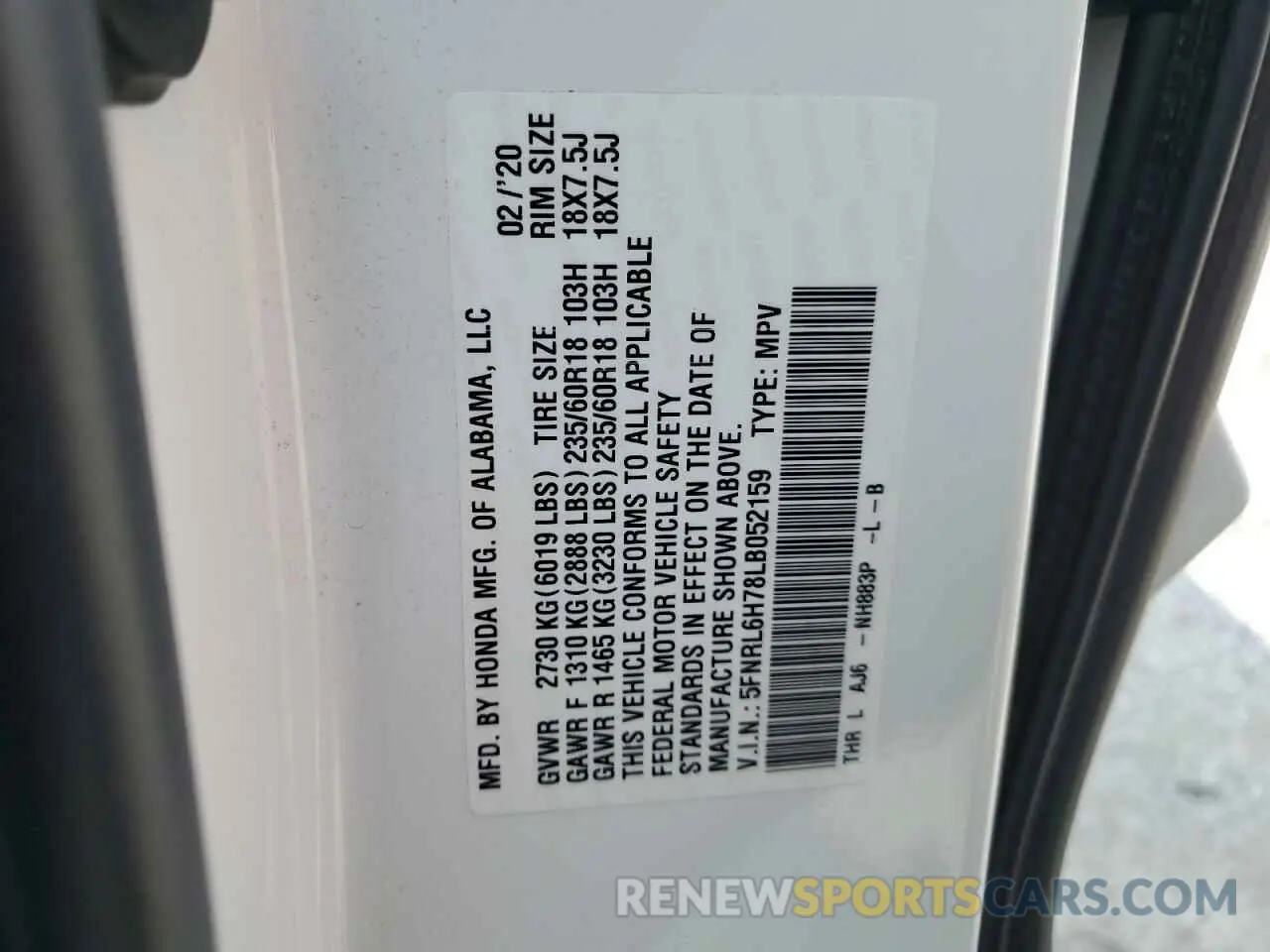 13 Photograph of a damaged car 5FNRL6H78LB052159 HONDA All Models 2020