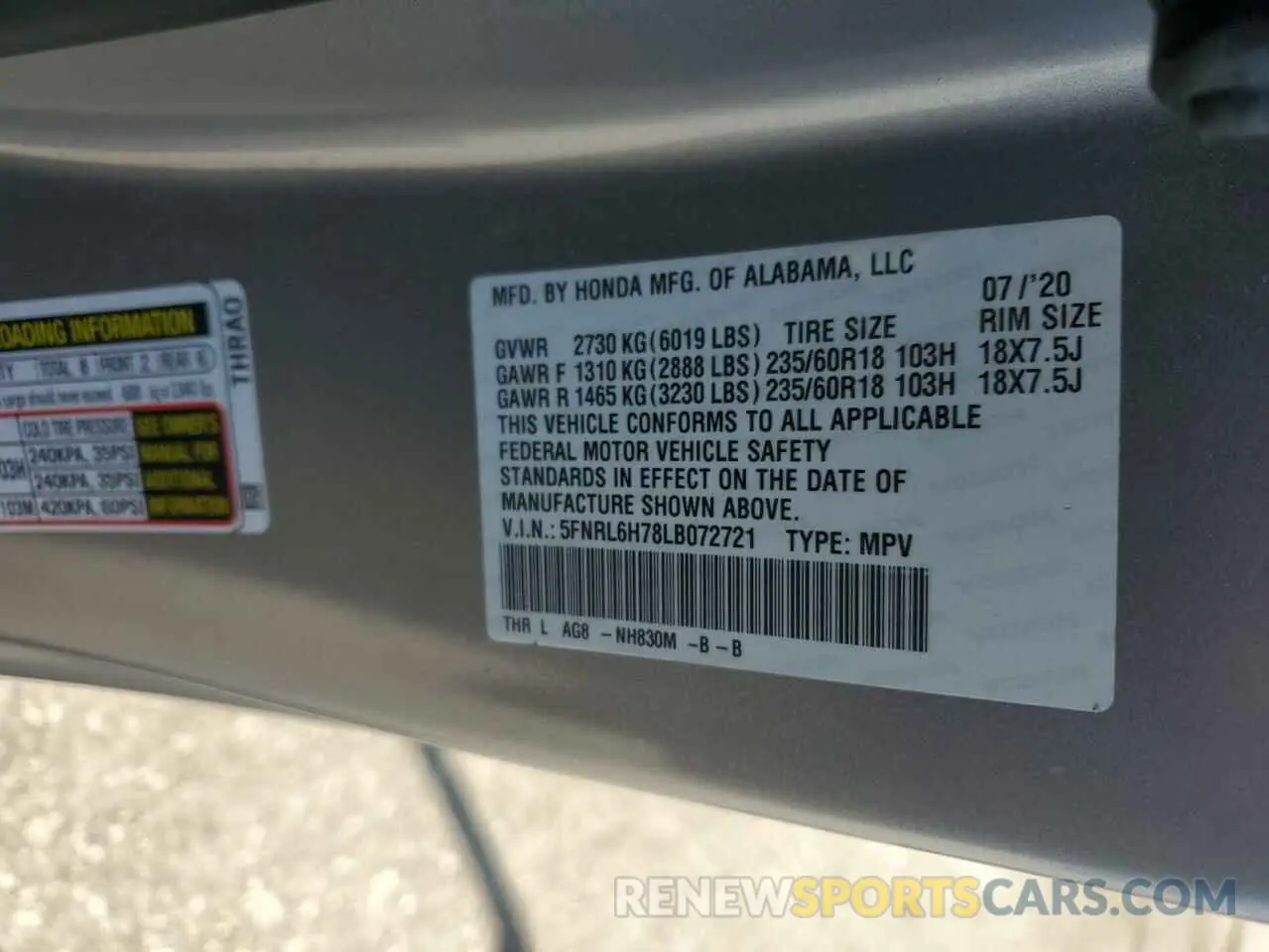 15 Photograph of a damaged car 5FNRL6H78LB072721 HONDA All Models 2020