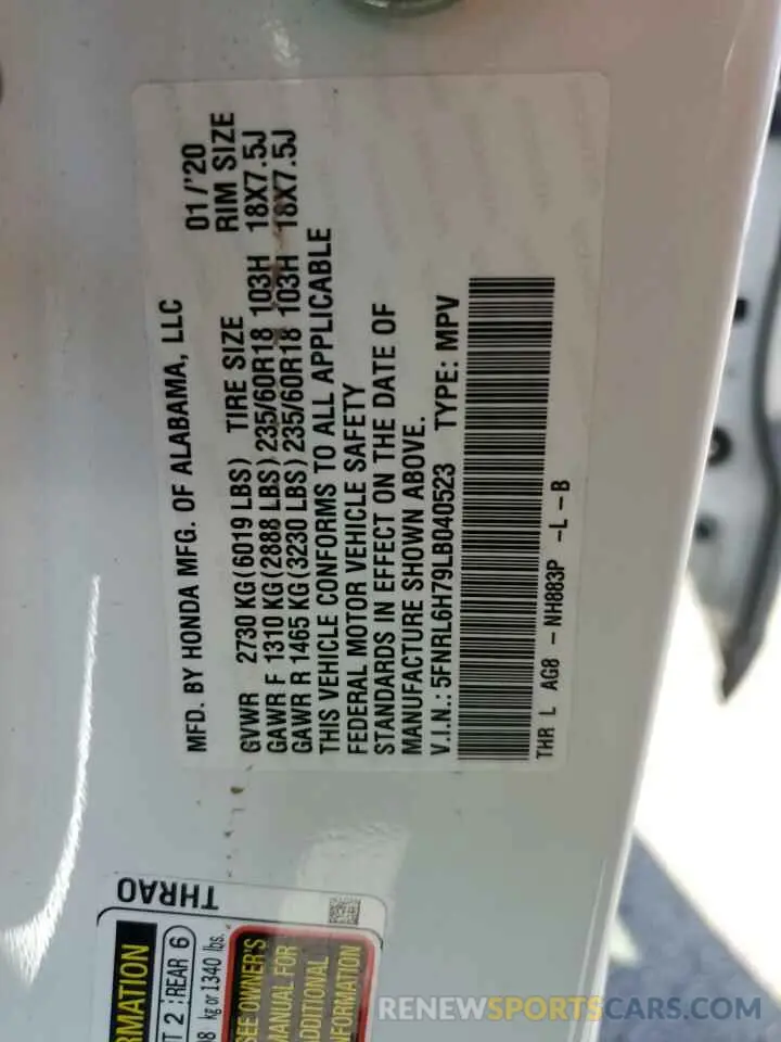 13 Photograph of a damaged car 5FNRL6H79LB040523 HONDA All Models 2020