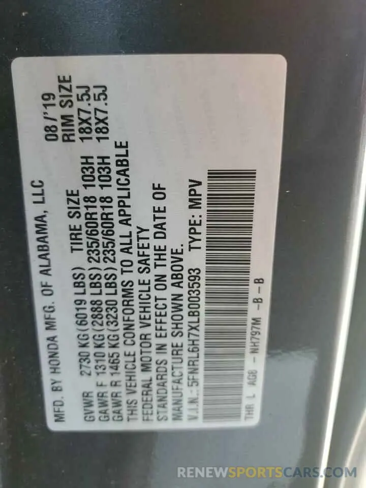 13 Photograph of a damaged car 5FNRL6H7XLB003593 HONDA All Models 2020