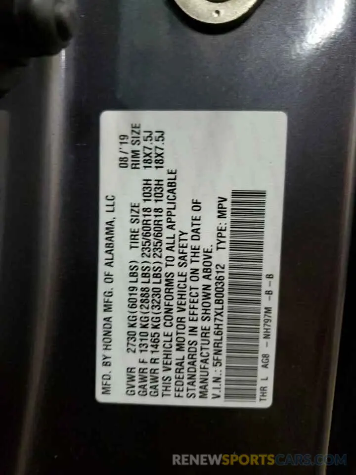 13 Photograph of a damaged car 5FNRL6H7XLB003612 HONDA All Models 2020