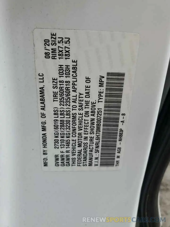 13 Photograph of a damaged car 5FNRL6H70MB007251 HONDA All Models 2021