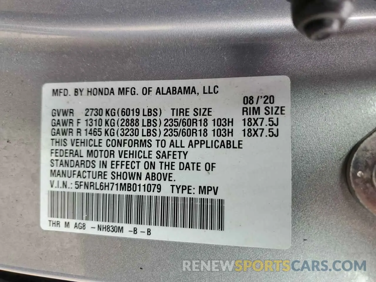 13 Photograph of a damaged car 5FNRL6H71MB011079 HONDA All Models 2021