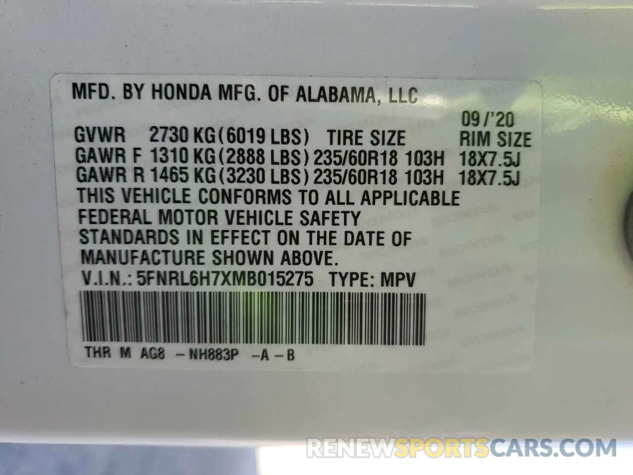 16 Photograph of a damaged car 5FNRL6H7XMB015275 HONDA All Models 2021
