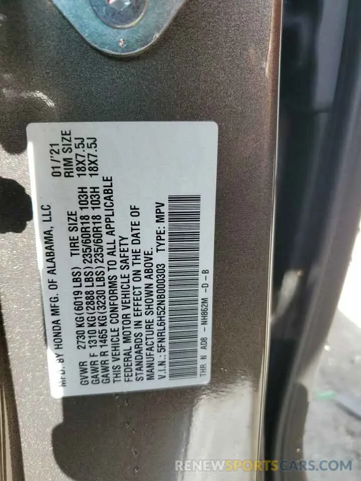 13 Photograph of a damaged car 5FNRL6H52NB000303 HONDA All Models 2022