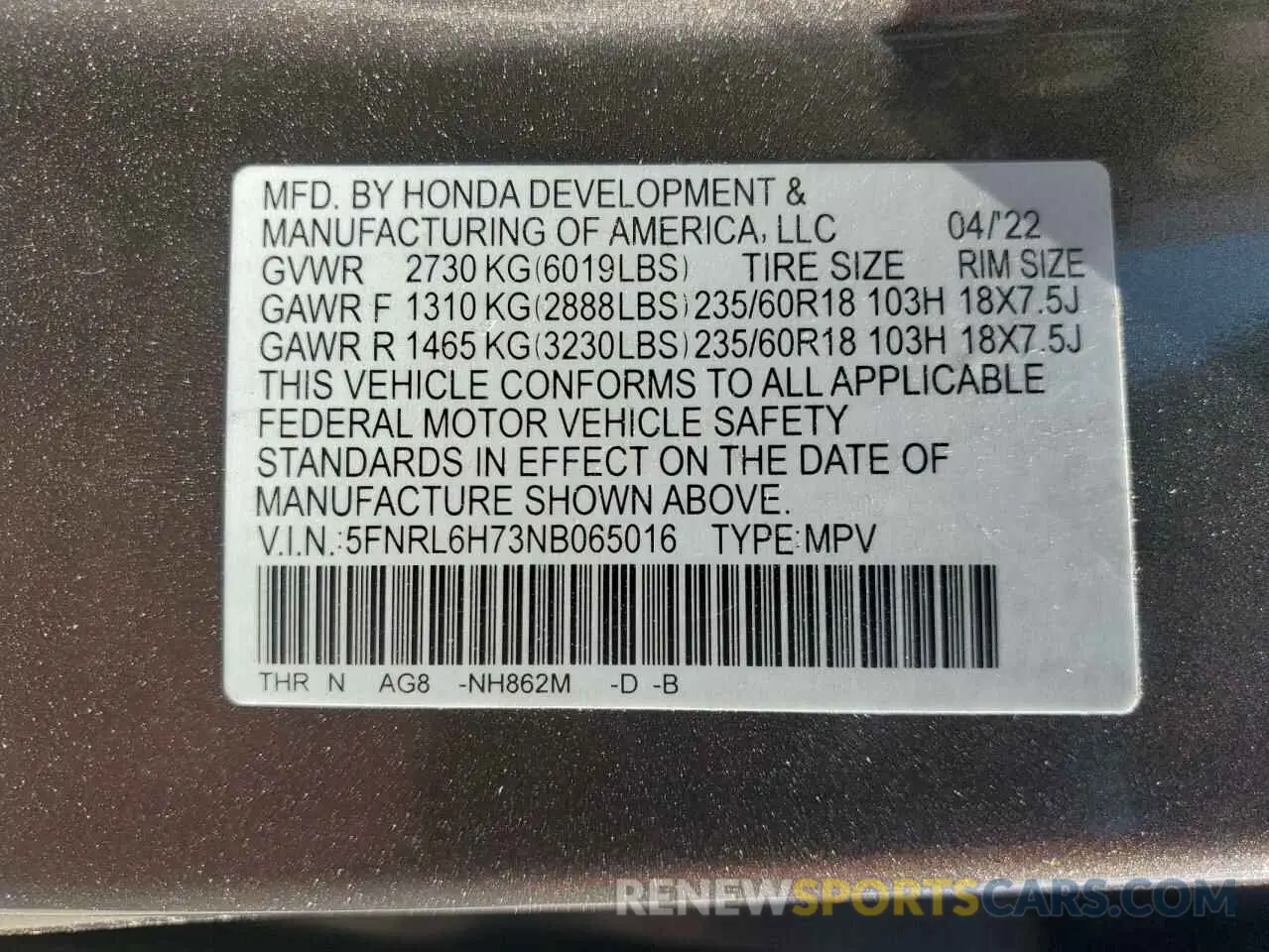 13 Photograph of a damaged car 5FNRL6H73NB065016 HONDA All Models 2022