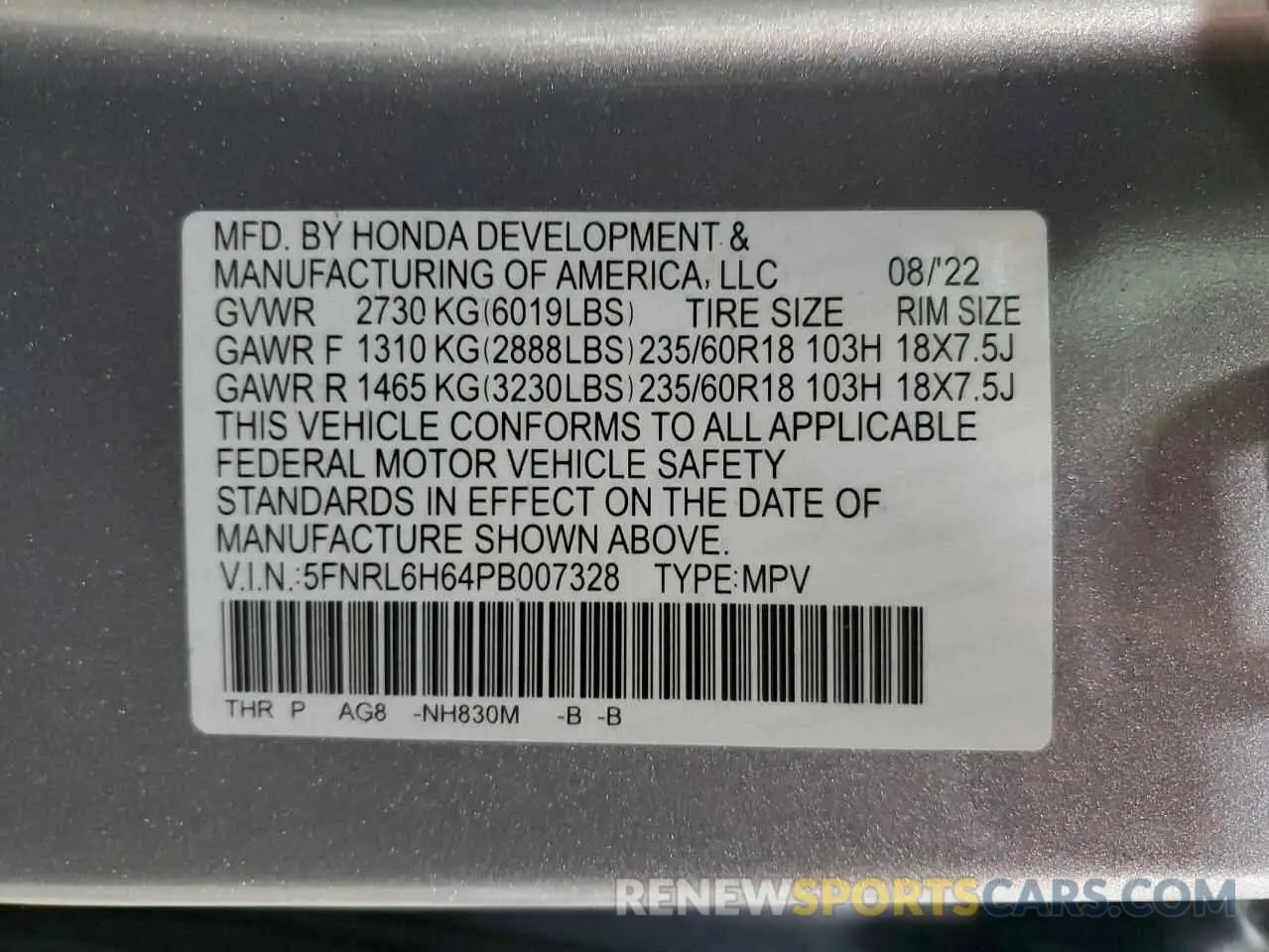 14 Photograph of a damaged car 5FNRL6H64PB007328 HONDA All Models 2023
