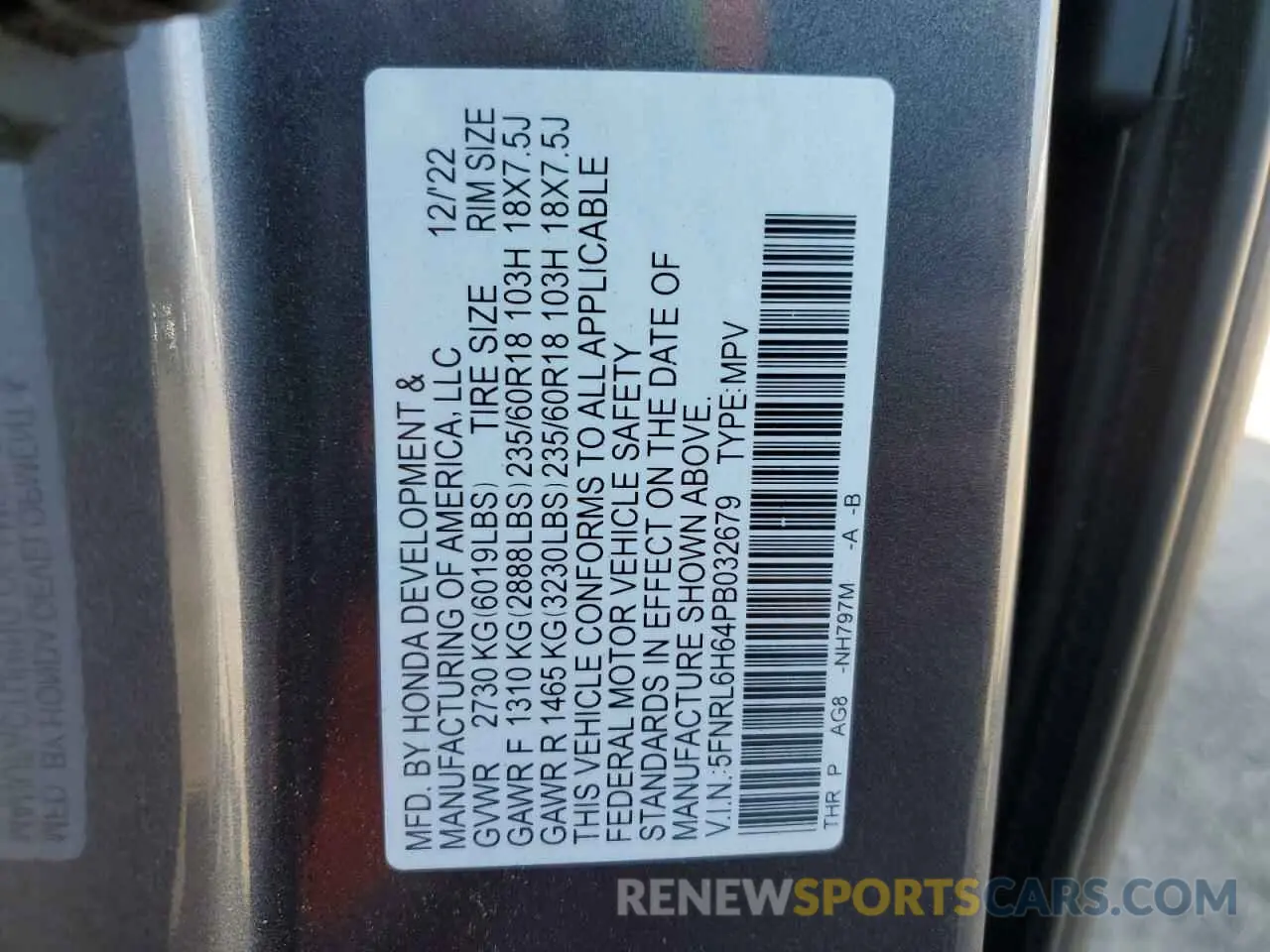 13 Photograph of a damaged car 5FNRL6H64PB032679 HONDA All Models 2023