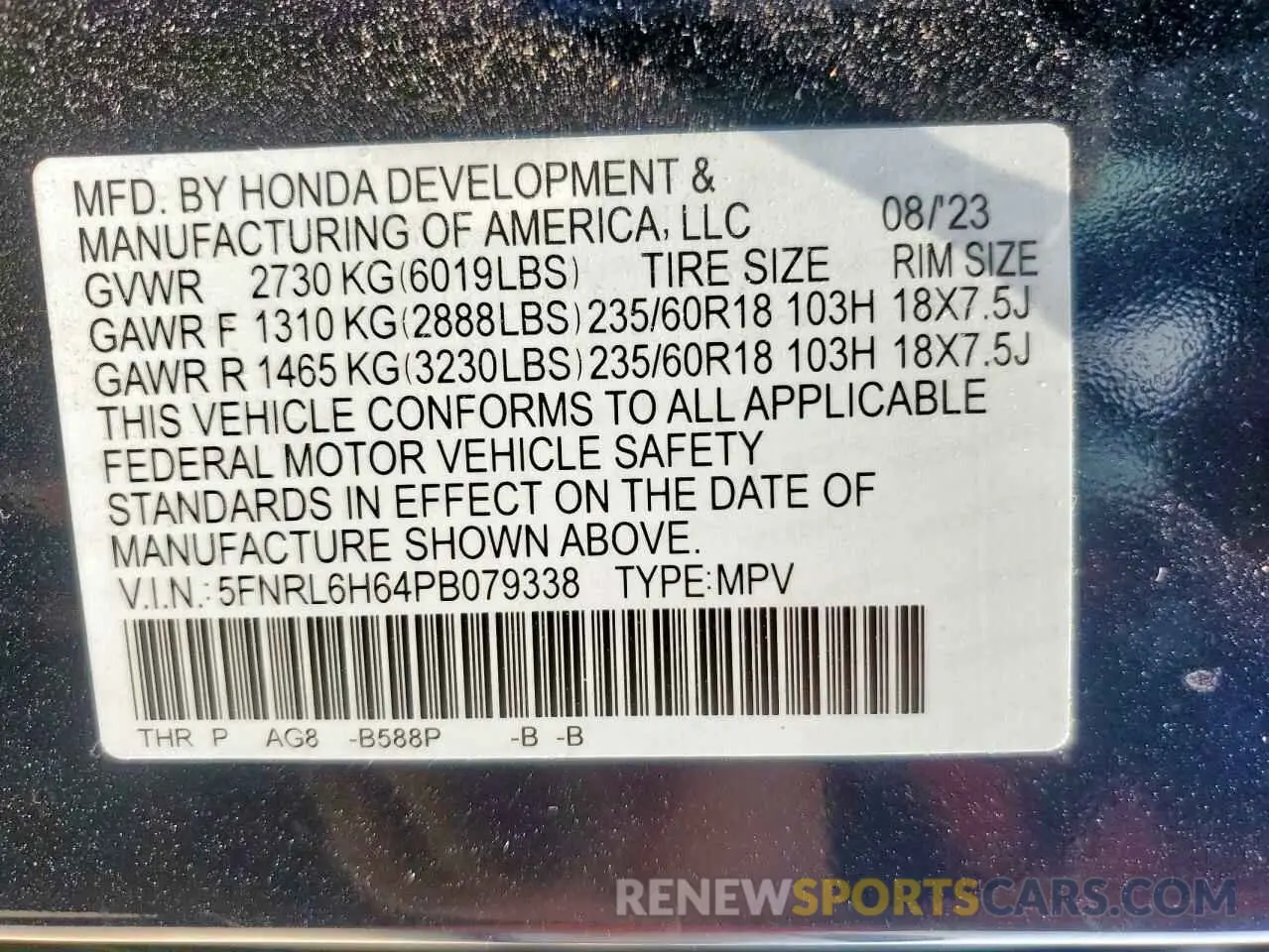 13 Photograph of a damaged car 5FNRL6H64PB079338 HONDA All Models 2023
