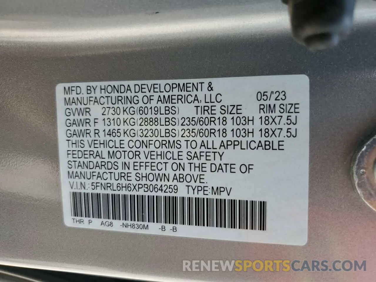 13 Photograph of a damaged car 5FNRL6H6XPB064259 HONDA All Models 2023
