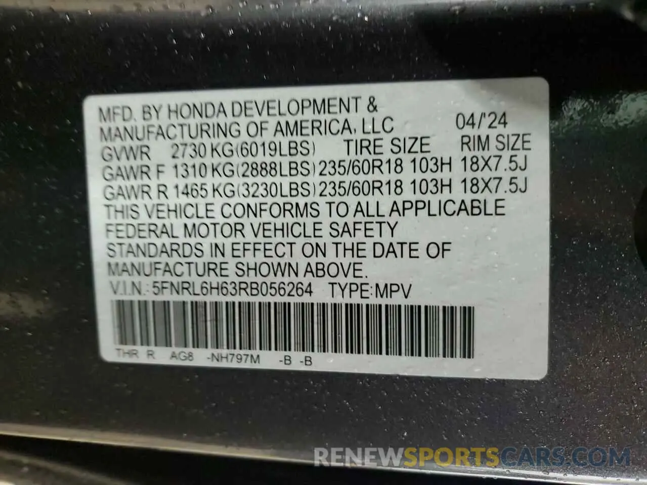 13 Photograph of a damaged car 5FNRL6H63RB056264 HONDA All Models 2024