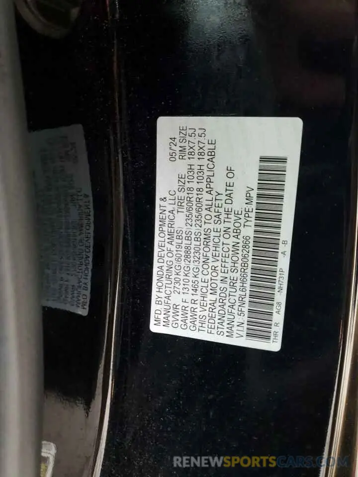 14 Photograph of a damaged car 5FNRL6H66RB062866 HONDA All Models 2024