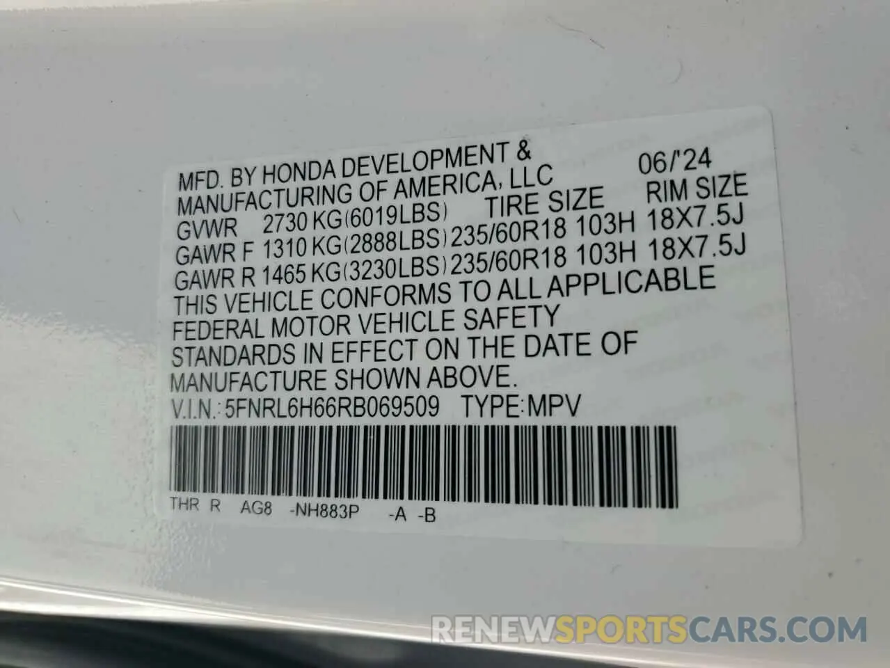 13 Photograph of a damaged car 5FNRL6H66RB069509 HONDA All Models 2024