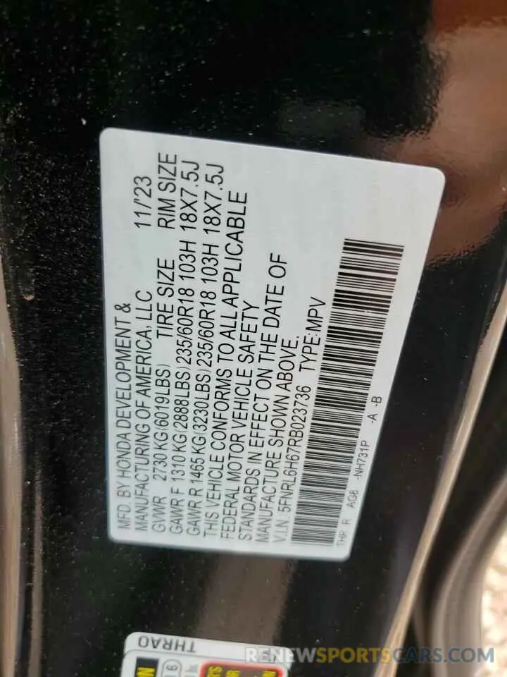 13 Photograph of a damaged car 5FNRL6H67RB023736 HONDA All Models 2024