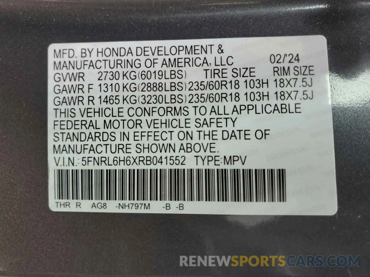 15 Photograph of a damaged car 5FNRL6H6XRB041552 HONDA All Models 2024